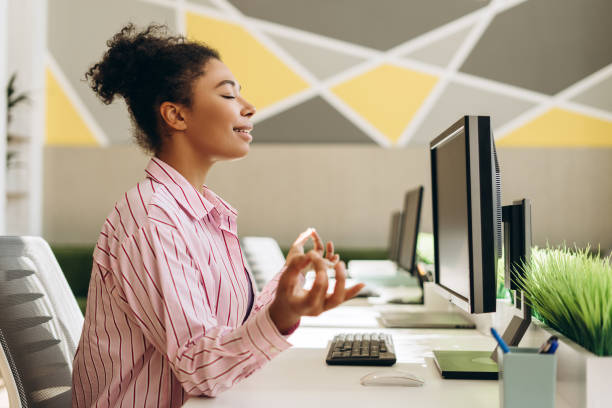 Calm breathing pause at office desk